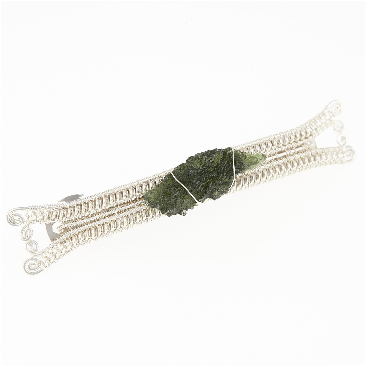 Silver hair clip with natural moldavite 9086