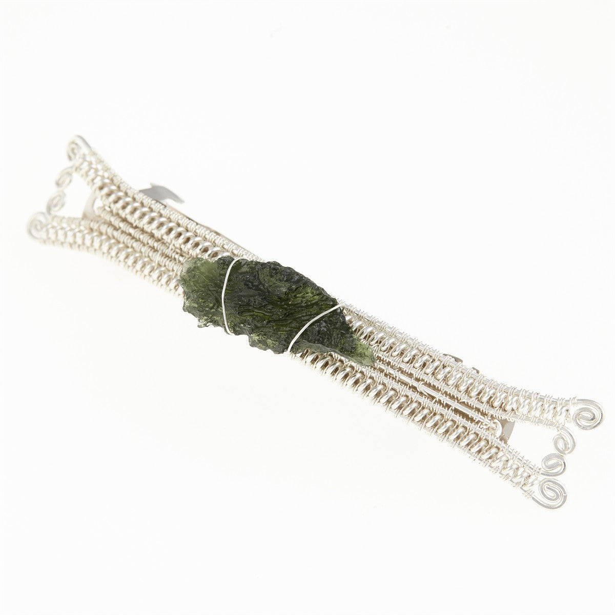Silver hair clip with natural moldavite 9086