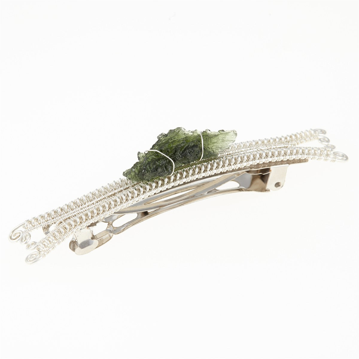 Silver hair clip with natural moldavite 9086