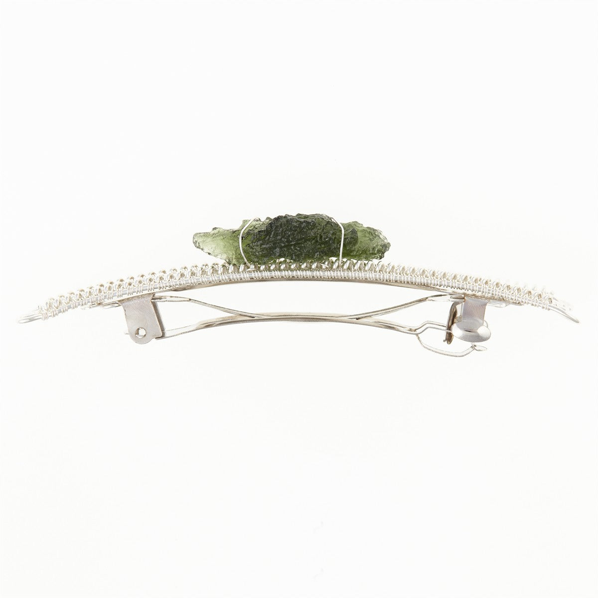Silver hair clip with natural moldavite 9086