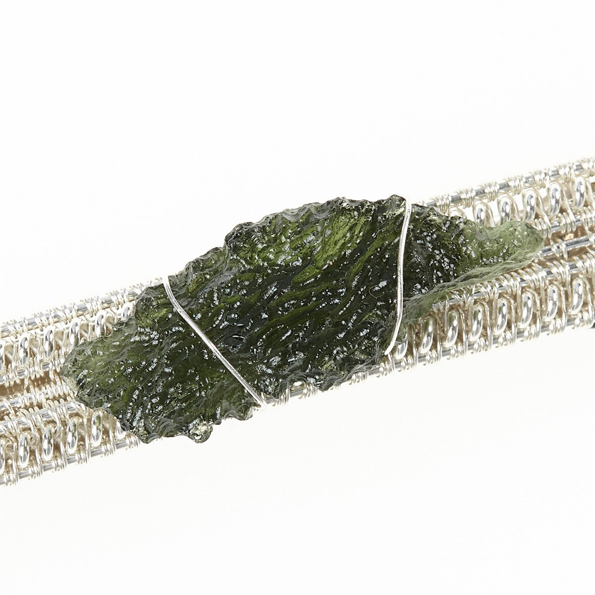 Silver hair clip with natural moldavite 9086
