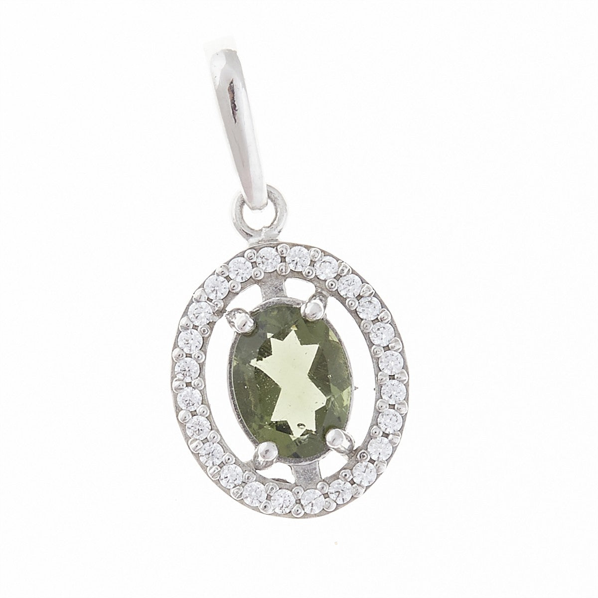 Pendente in argento rodiato con moldavite ovale faccettata verde e corona di zirconi