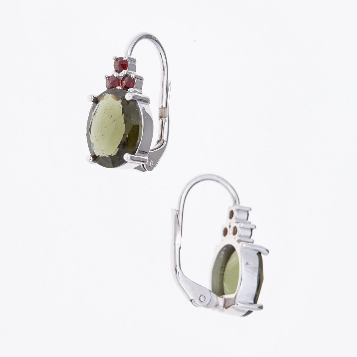Silver earrings with moldavites and garnets 024G