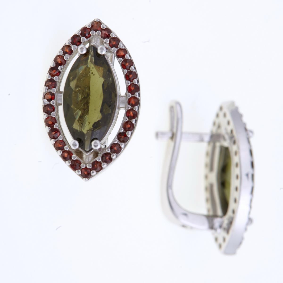 Silver earrings with moldavites and garnets 052G