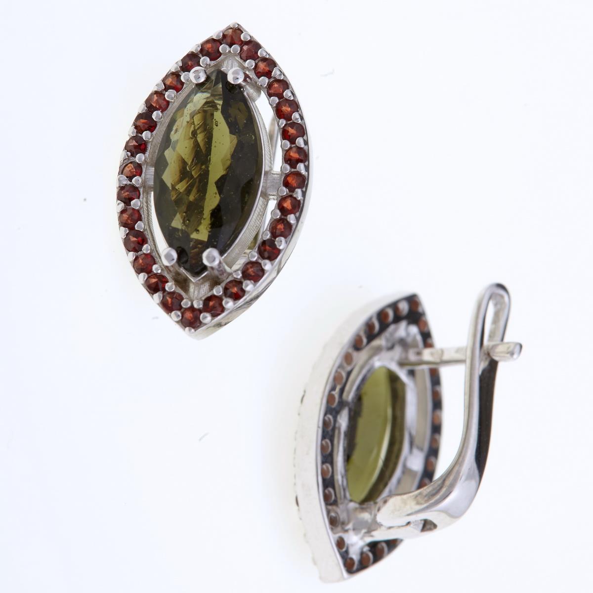 Silver earrings with moldavites and garnets 052G