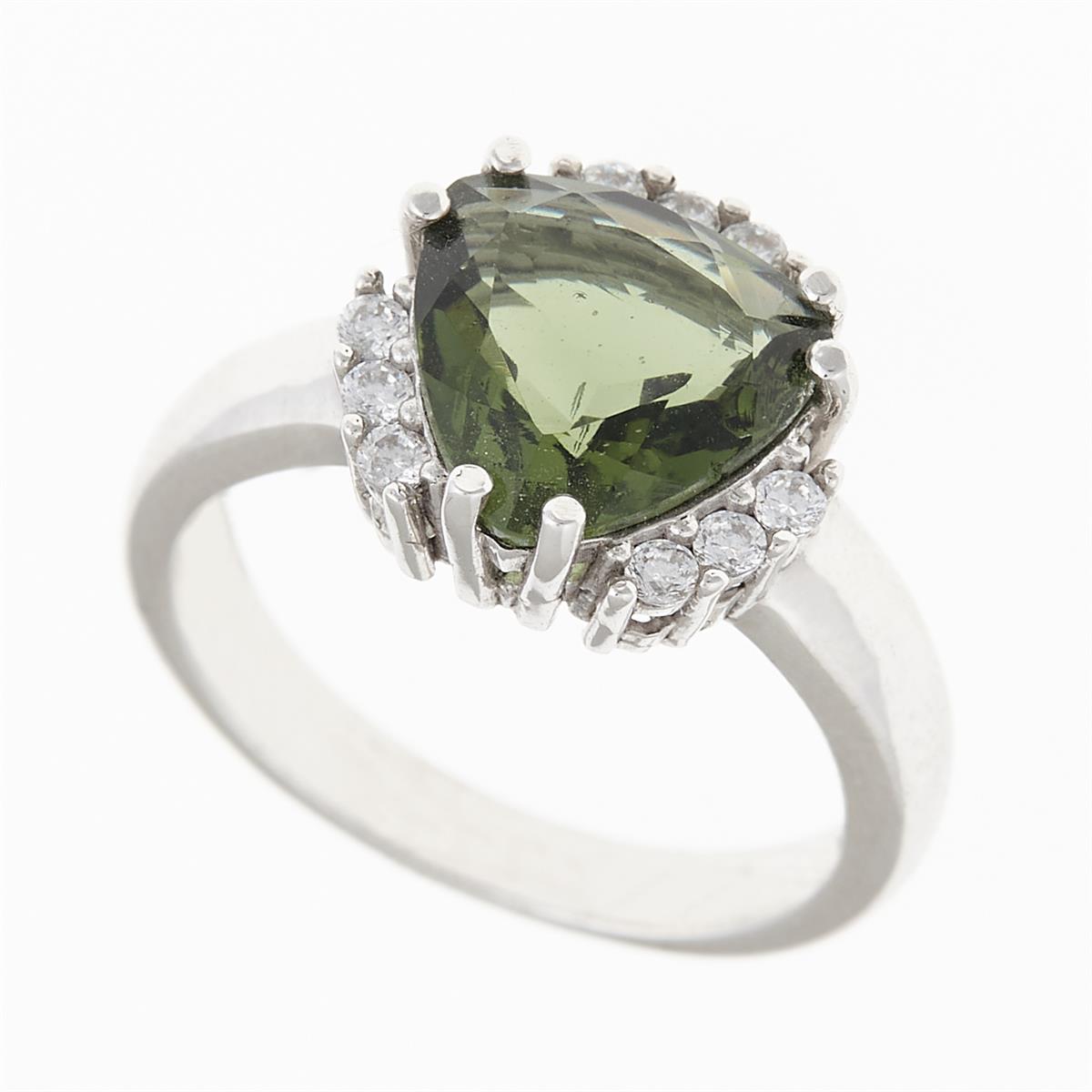 Silver ring with moldavite and zirconia 090