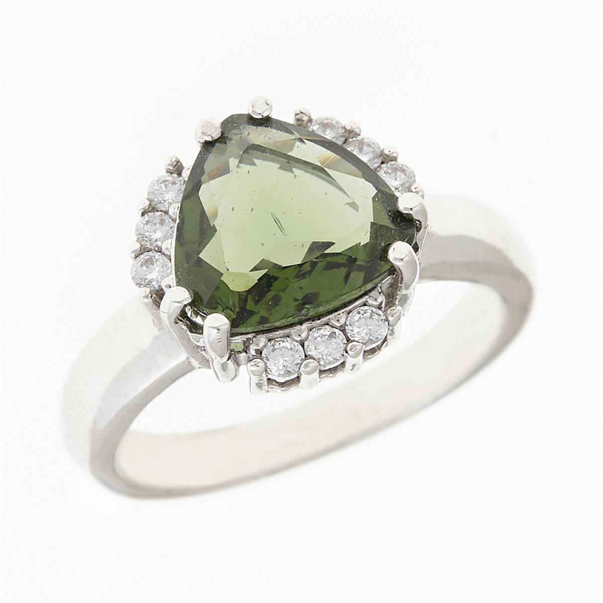 Silver ring with moldavite and zirconia 090