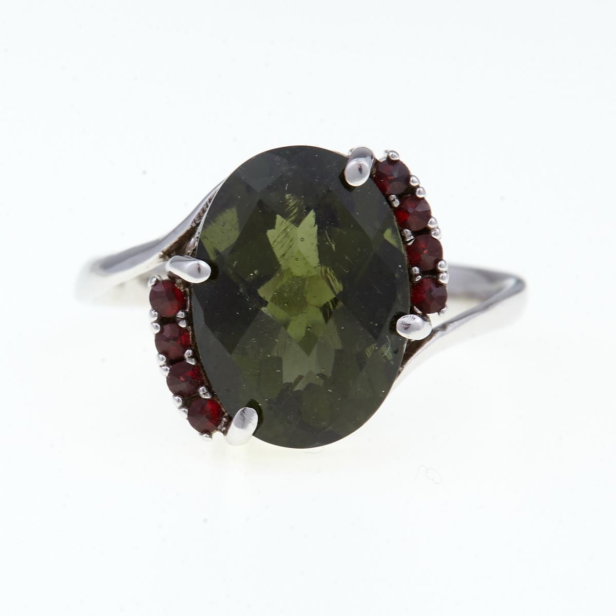 Silver ring with moldavite and garnets 092G