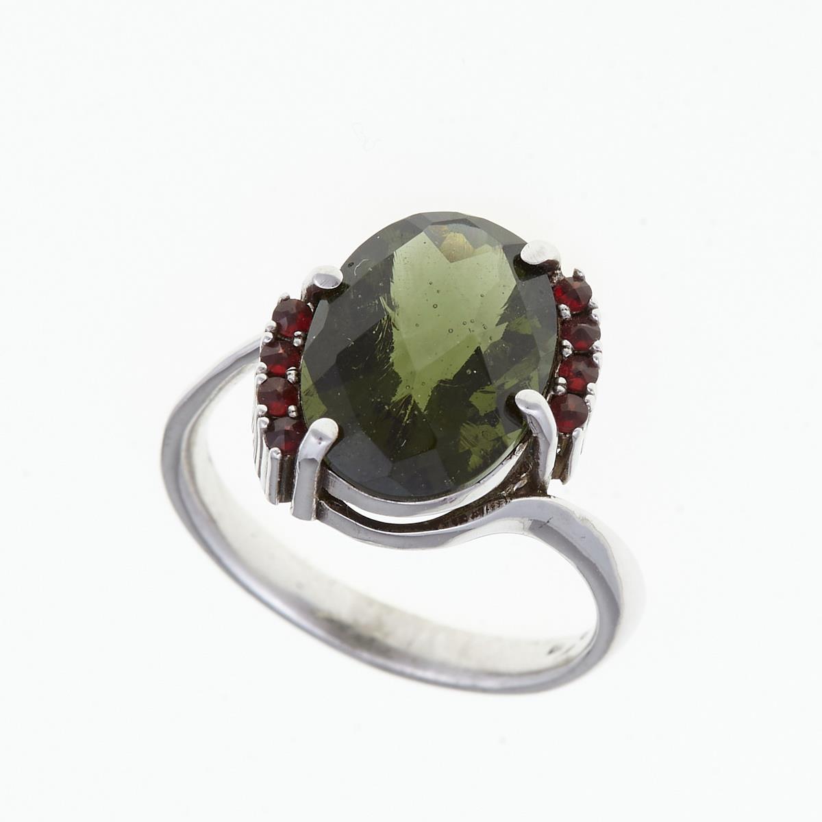 Silver ring with moldavite and garnets 092G