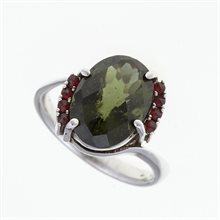 Silver ring with moldavite and garnets 092G