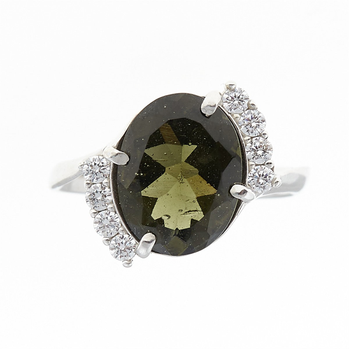 Silver ring with moldavite and zirconia 092