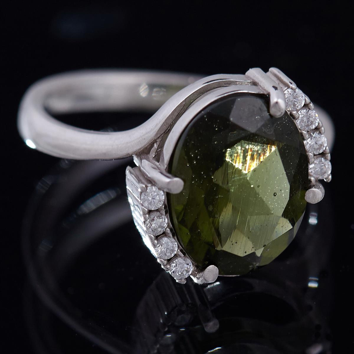 Silver ring with moldavite and zirconia 092