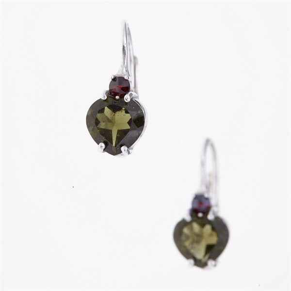 Orecchini in argento con moldavite e granati - cuore 150G