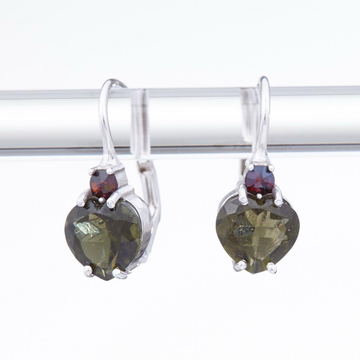 Silver earrings with moldavite and garnets - heart 150G