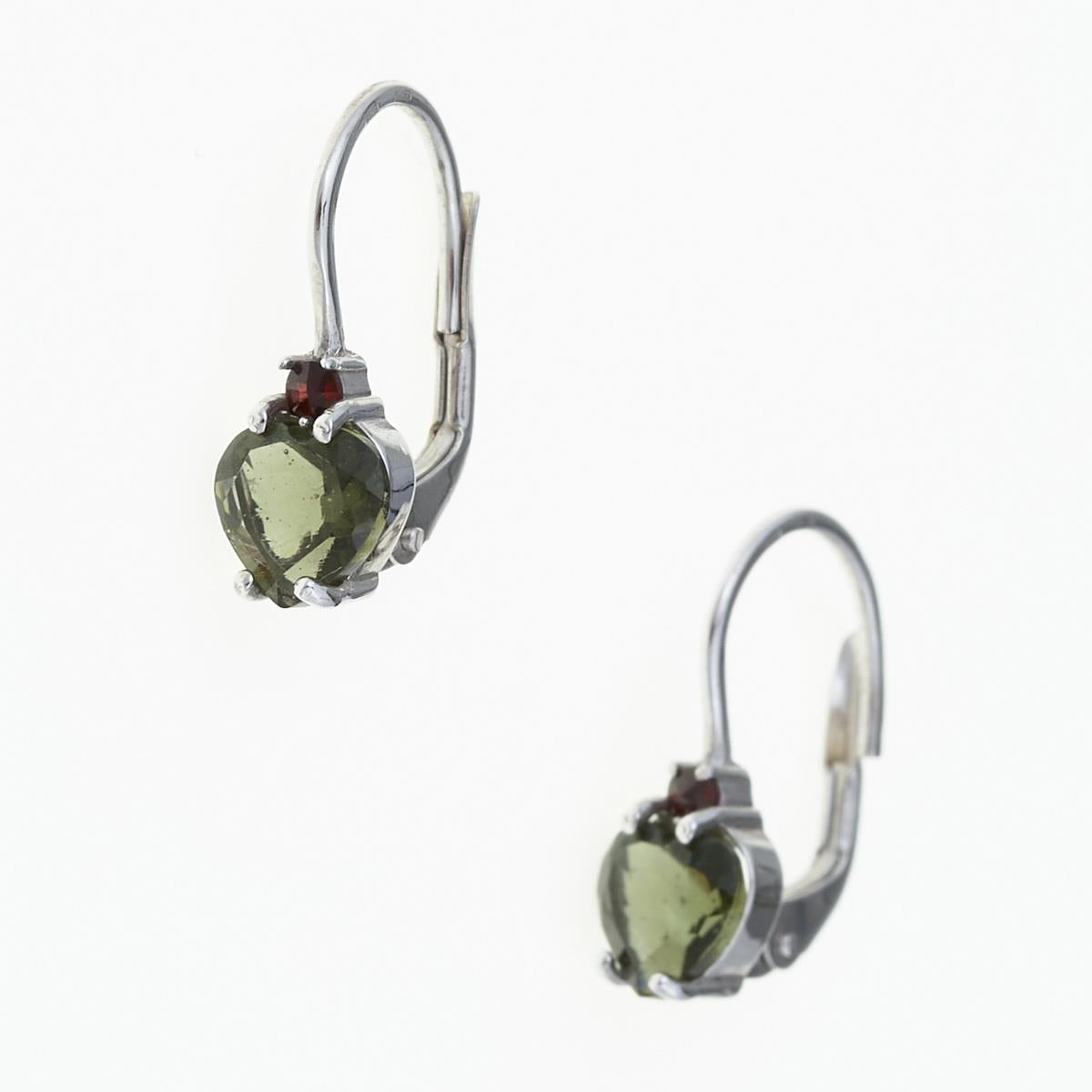 Silver earrings with moldavite and garnets - heart 150G