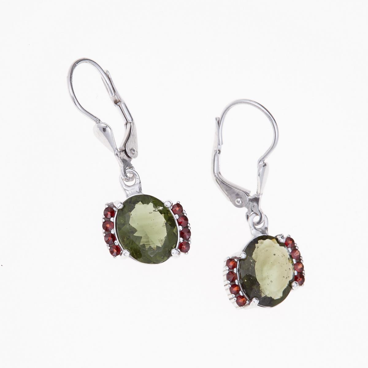 Silver earrings with moldavites and garnets 163G