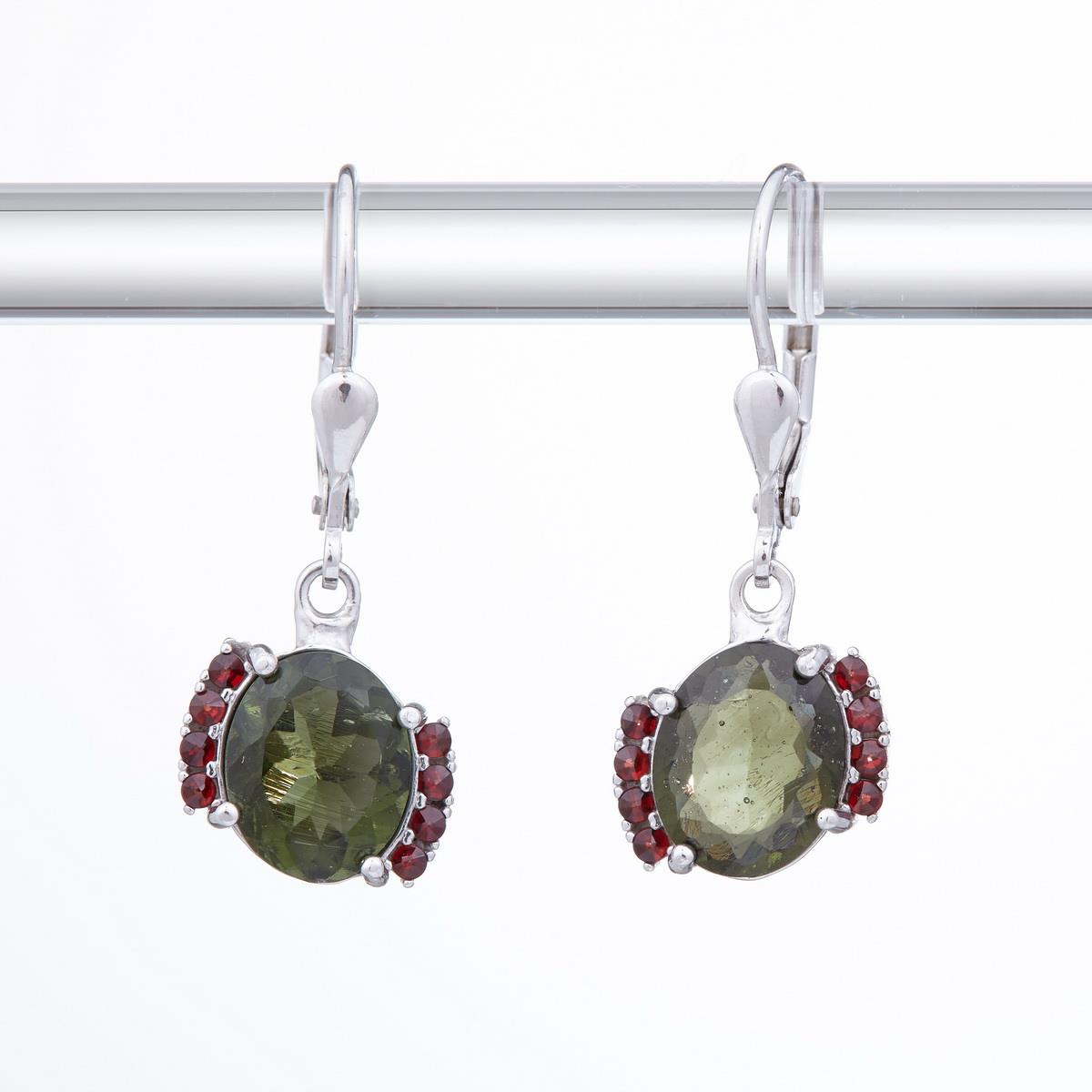 Silver earrings with moldavites and garnets 163G