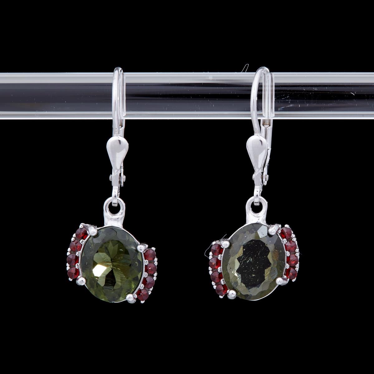 Silver earrings with moldavites and garnets 163G