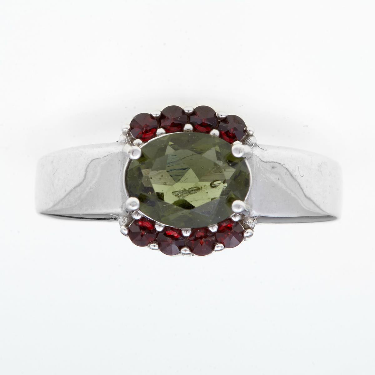 Silver ring with moldavite and garnets 165G