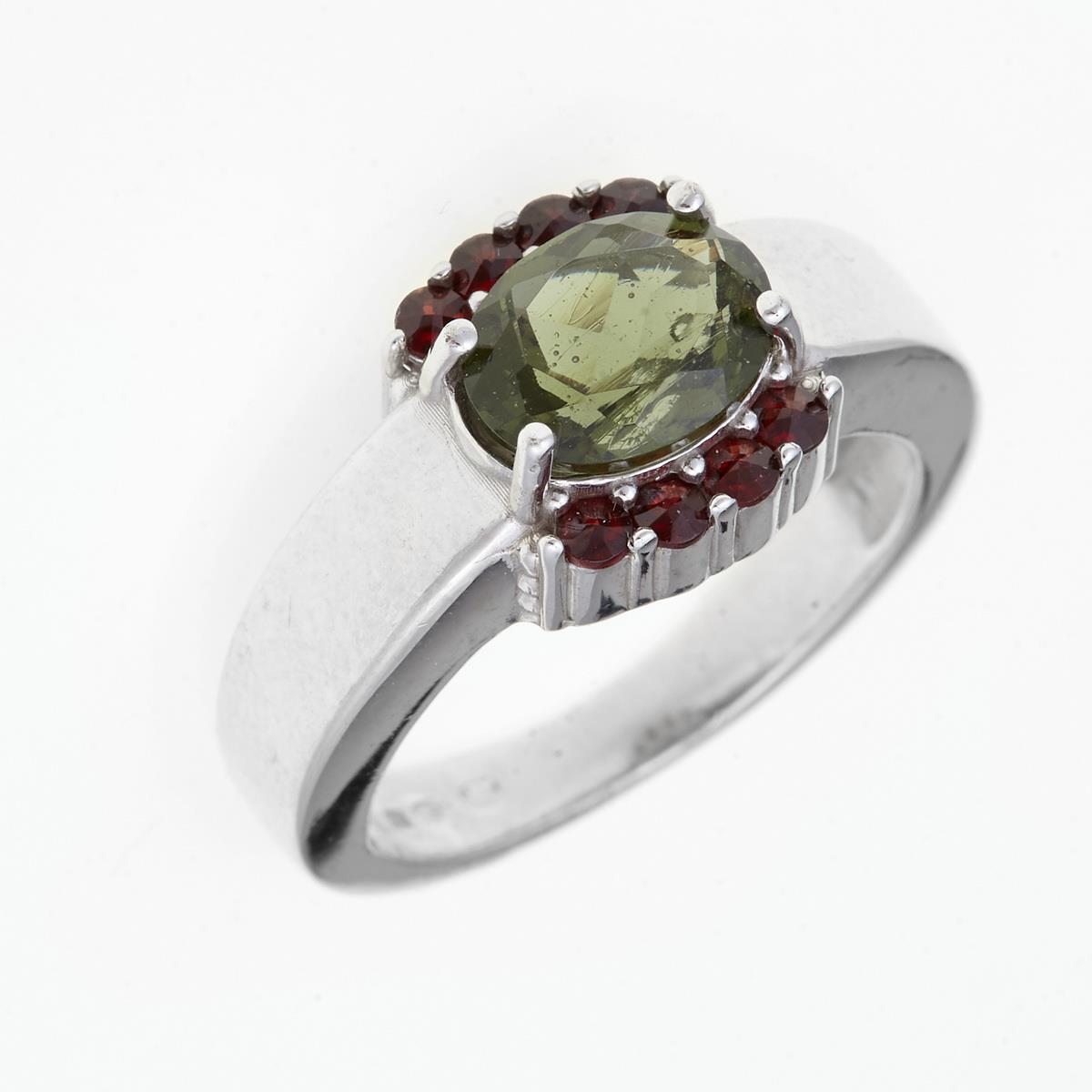 Silver ring with moldavite and garnets 165G