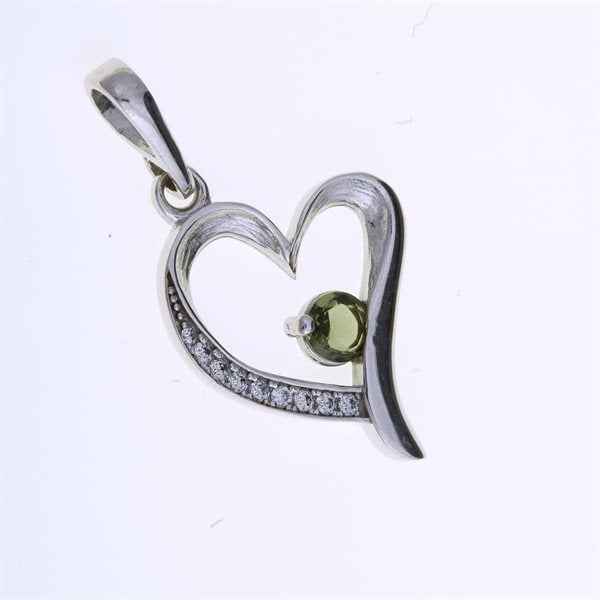 Silver pendant with moldavite and cubic zirconia - heart