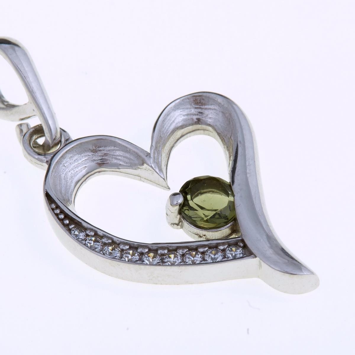 Silver pendant with moldavite and cubic zirconia - heart