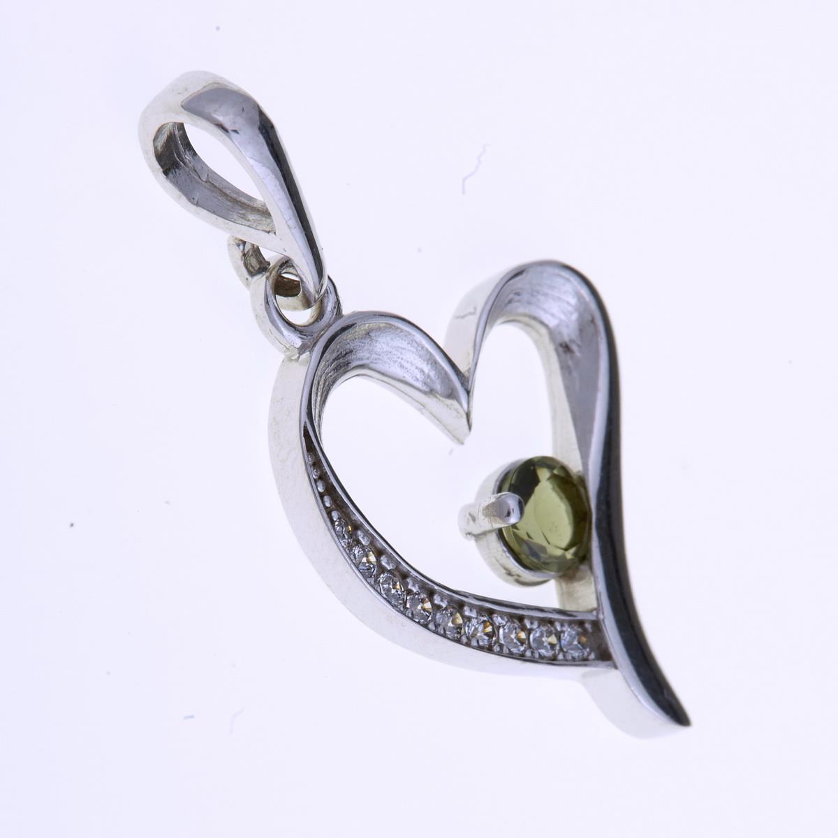 Silver pendant with moldavite and cubic zirconia - heart