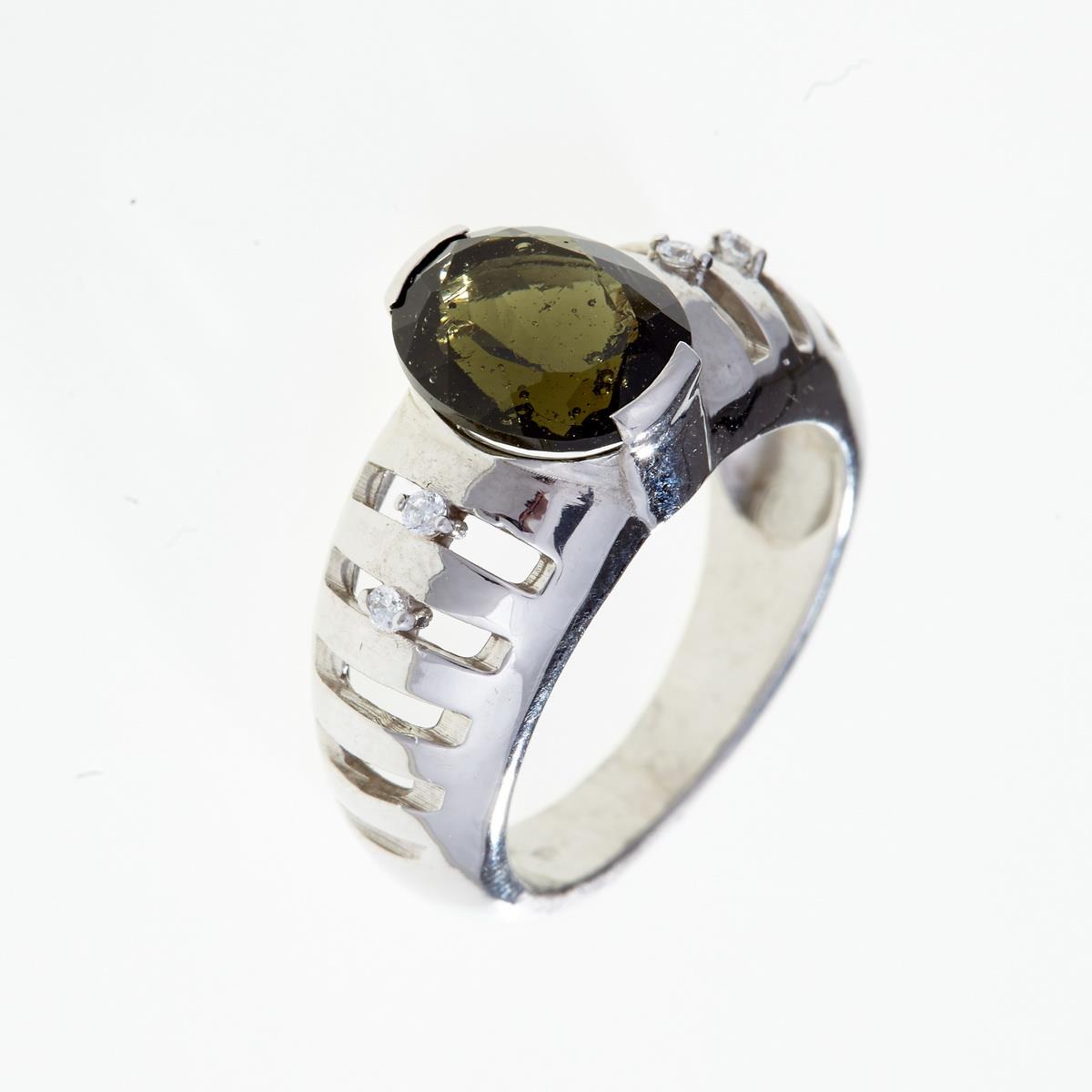 Silver ring with moldavite and zirconia 202