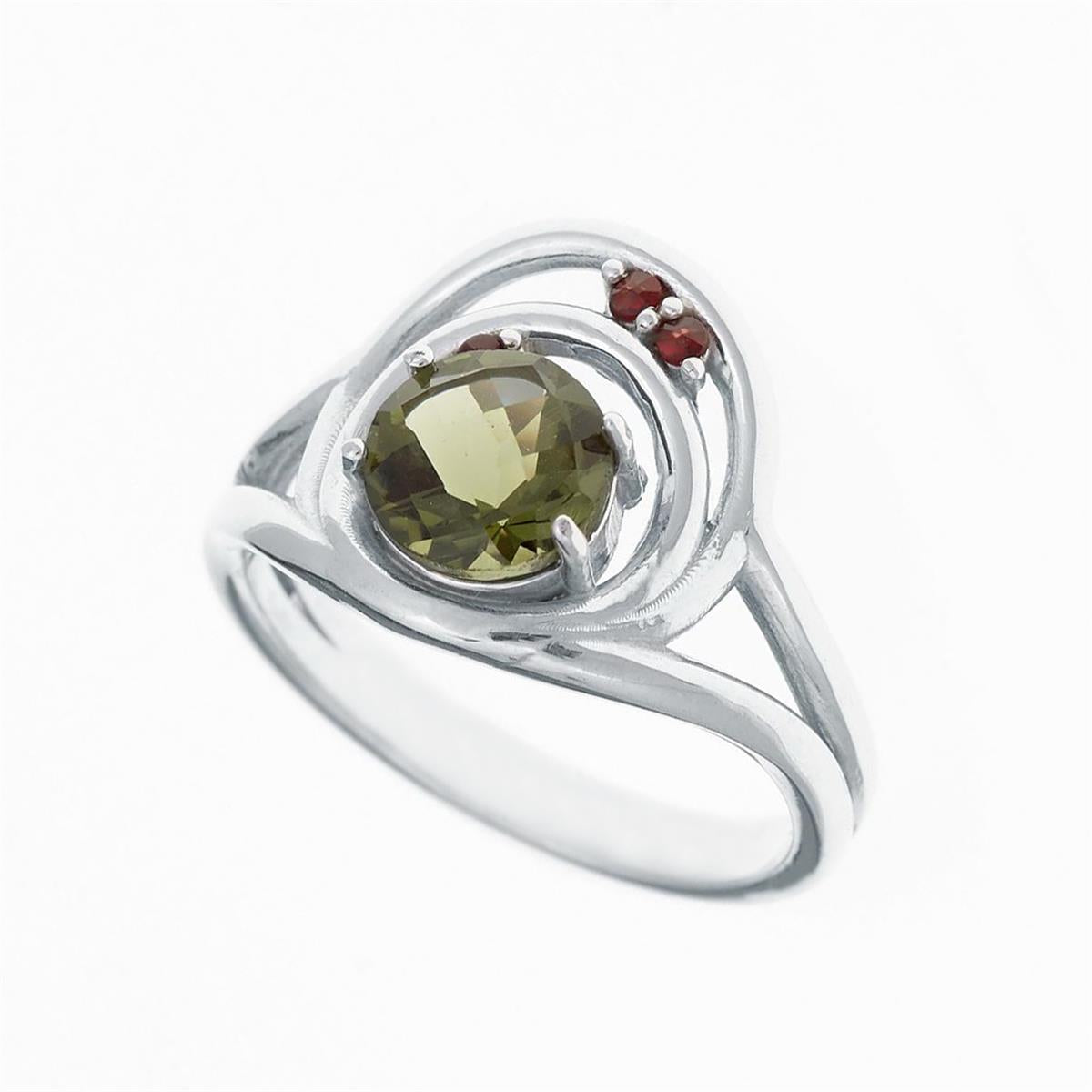 Silver ring with moldavite and garnets 285G