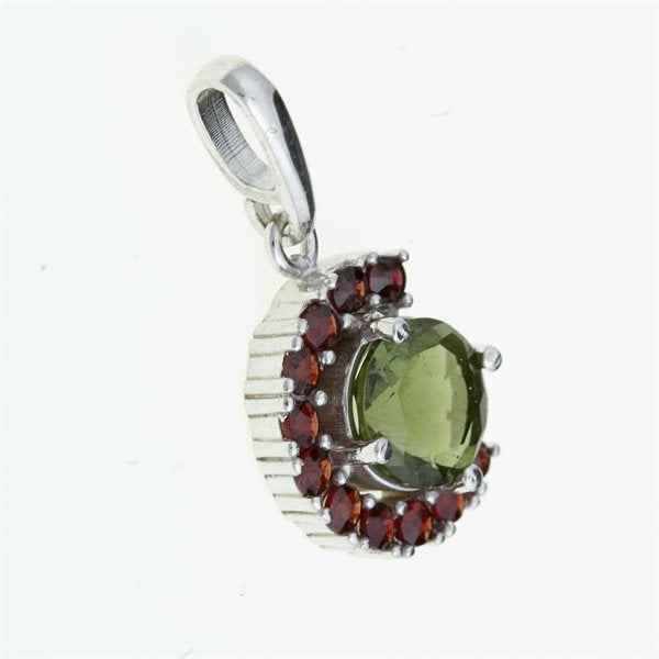 Ciondolo in argento con moldavite e granati 289G