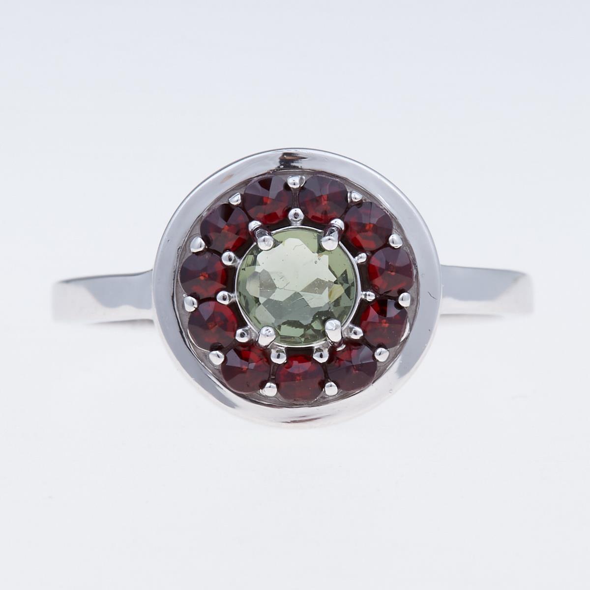 Silver ring with moldavite and garnets 369G