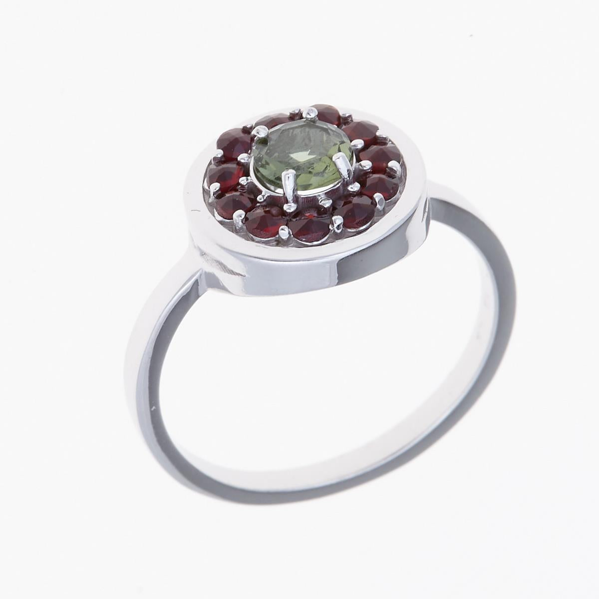 Silver ring with moldavite and garnets 369G