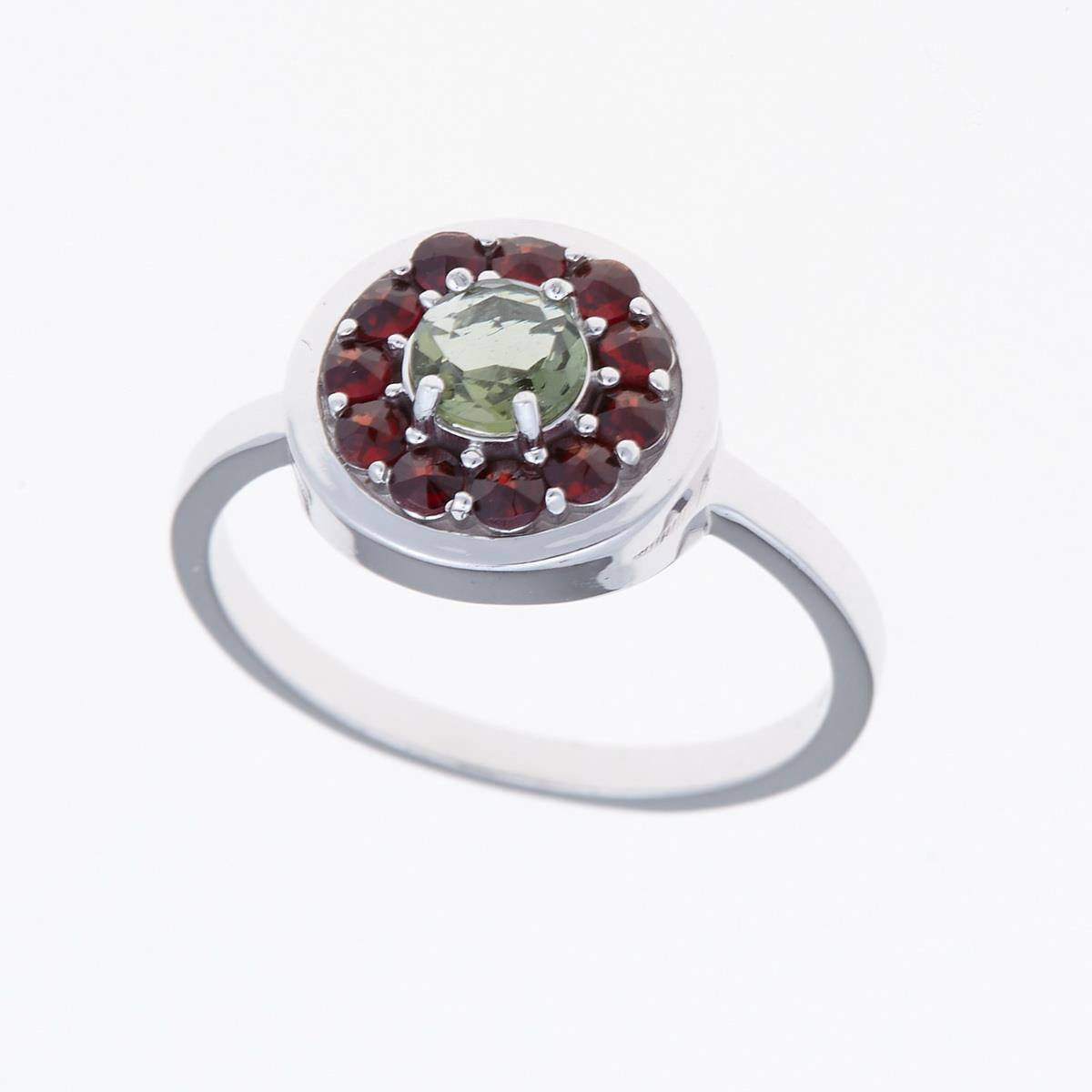 Silver ring with moldavite and garnets 369G