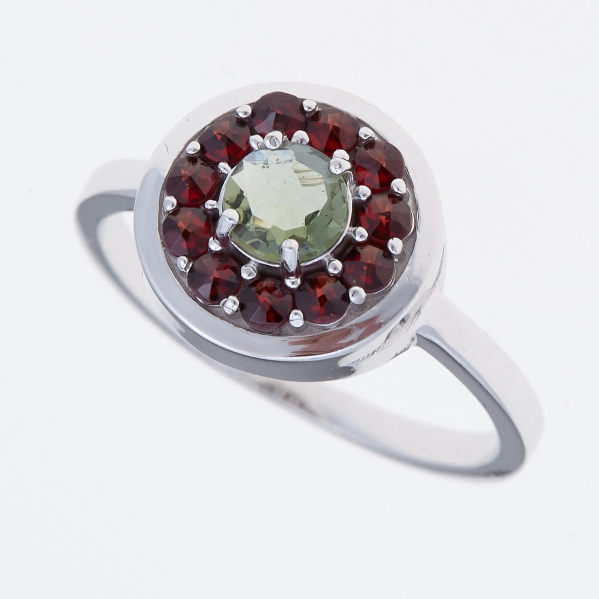 Silver ring with moldavite and garnets 369G