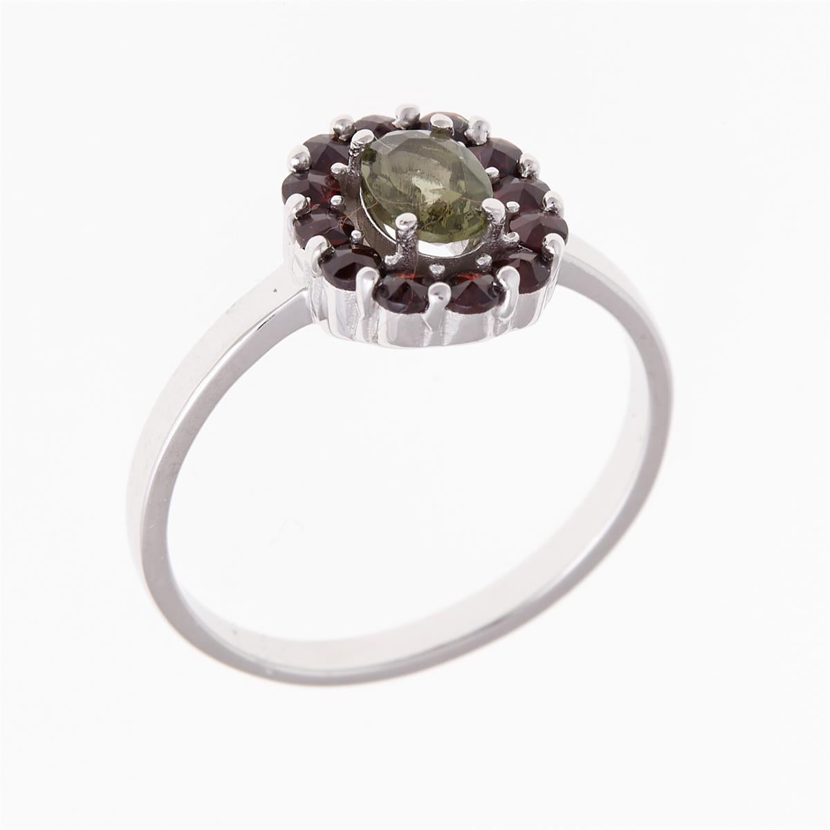 Silver ring with moldavite and garnets 607G