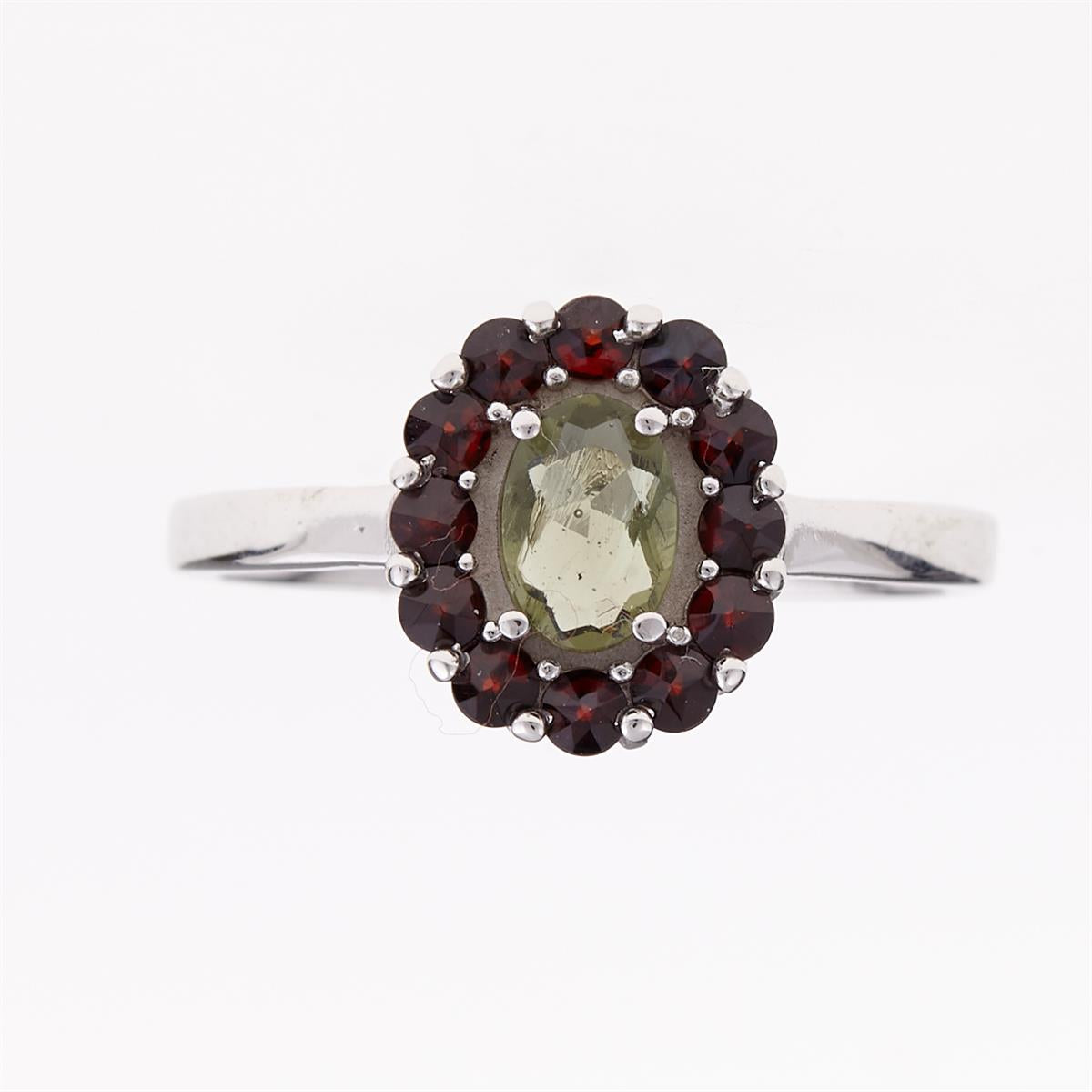 Silver ring with moldavite and garnets 607G