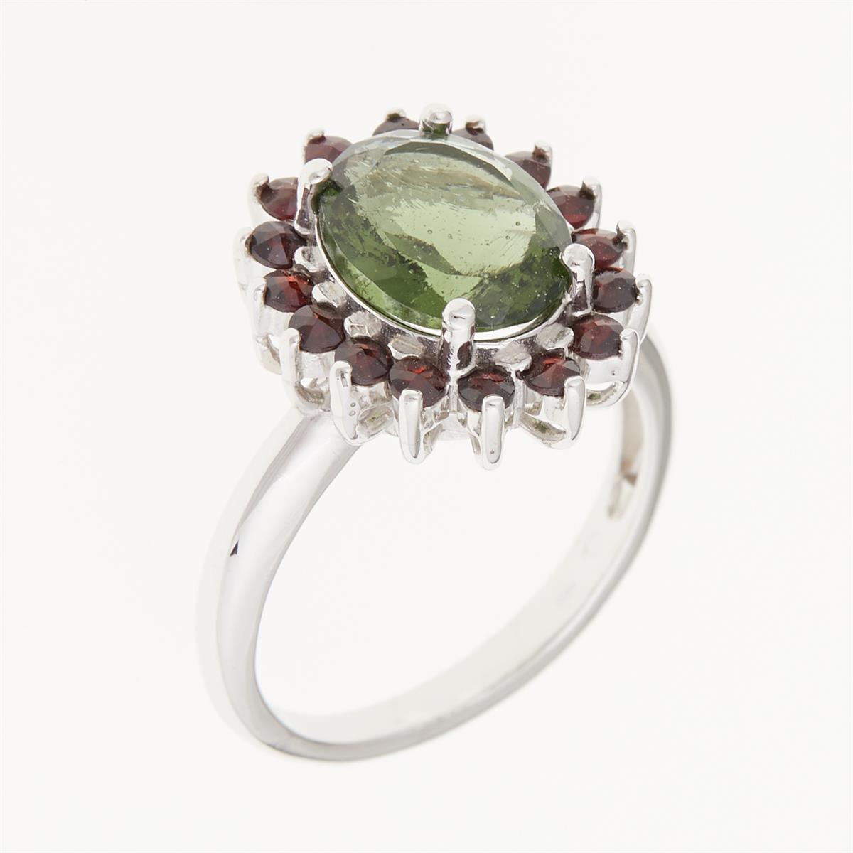Silver ring with moldavite and garnets 612G