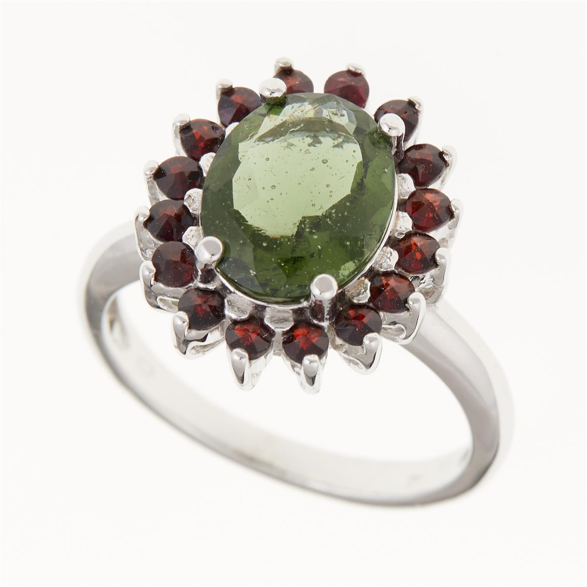 Silver ring with moldavite and garnets 612G