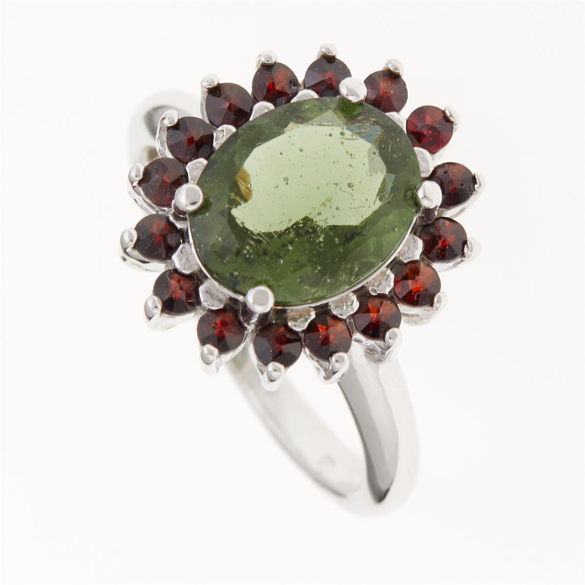 Silver ring with moldavite and garnets 612G