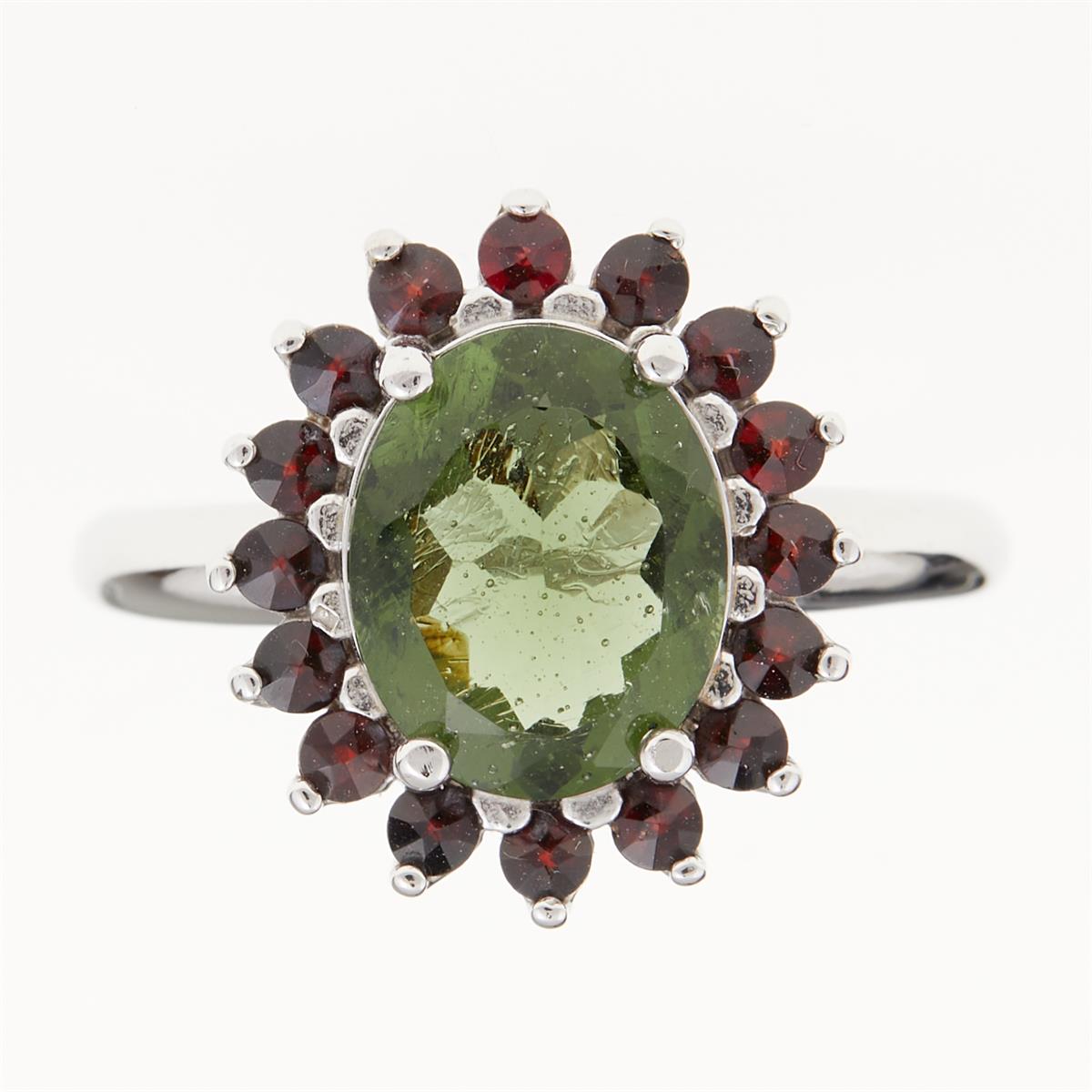 Silver ring with moldavite and garnets 612G