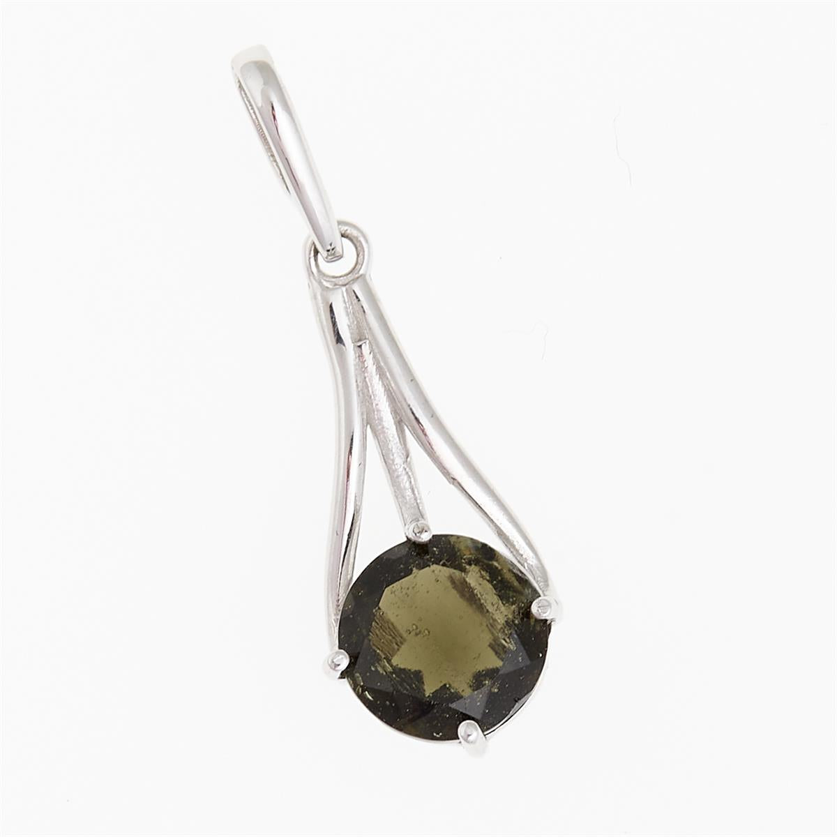 Pendente in argento rodiato con moldavite rotonda faccettata verde oliva su montatura a due archi