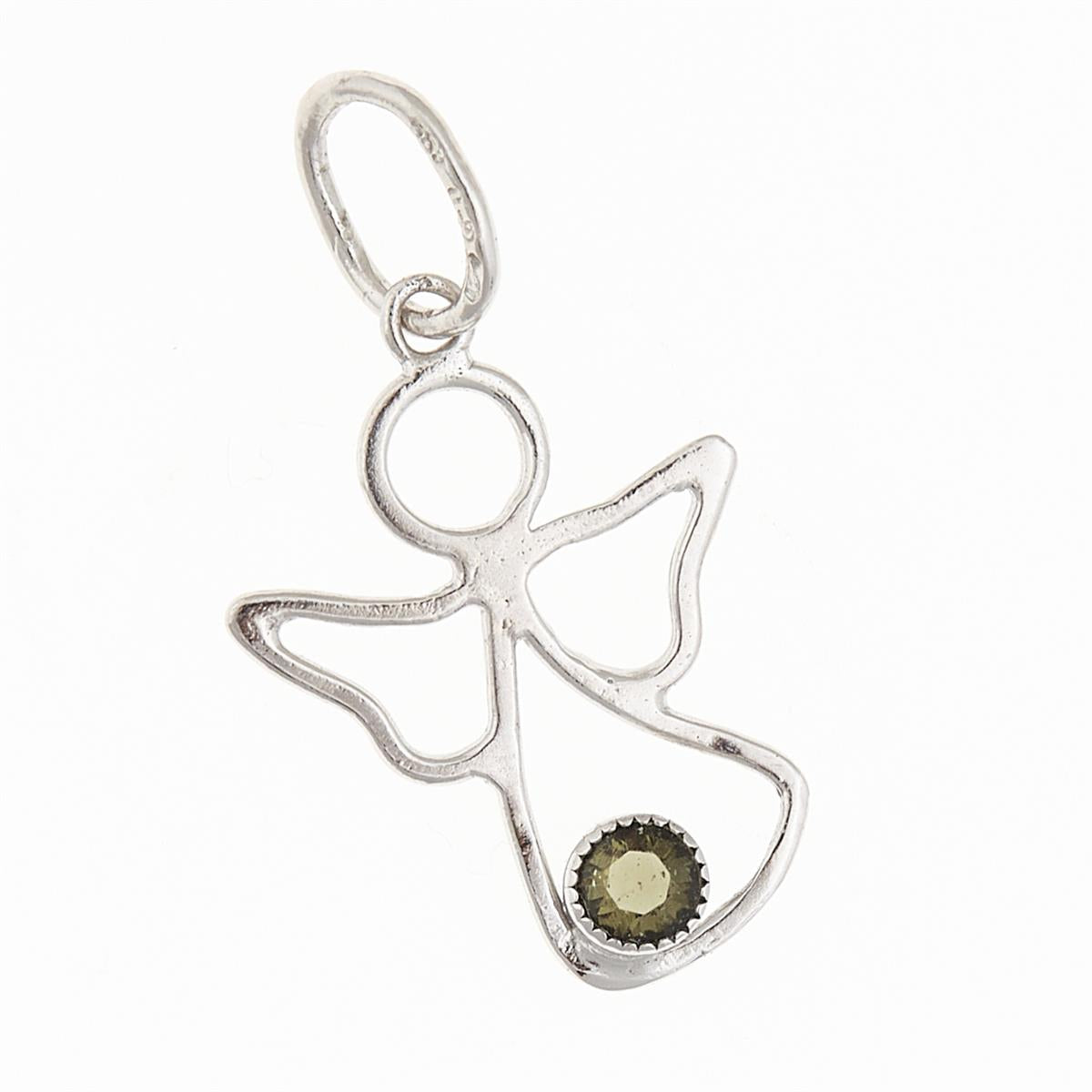 Pendente a forma di angelo traforato in oro bianco con moldavite verde faccettata tonda incastonata in basso