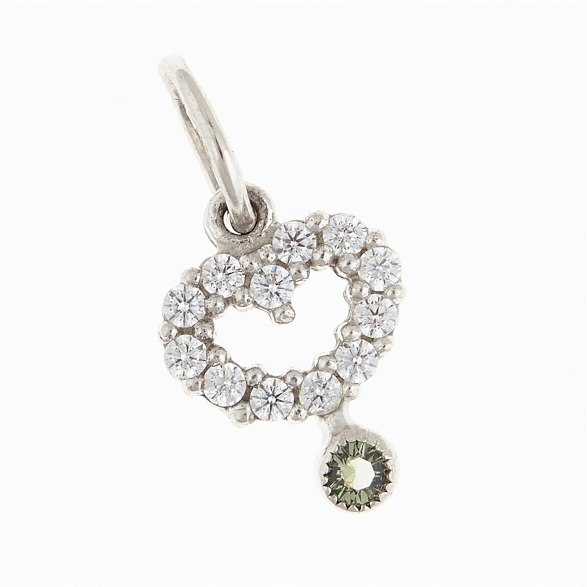 Pendente cuore in oro bianco con zirconi incolori e piccola moldavite verde faccettata nel castone inferiore