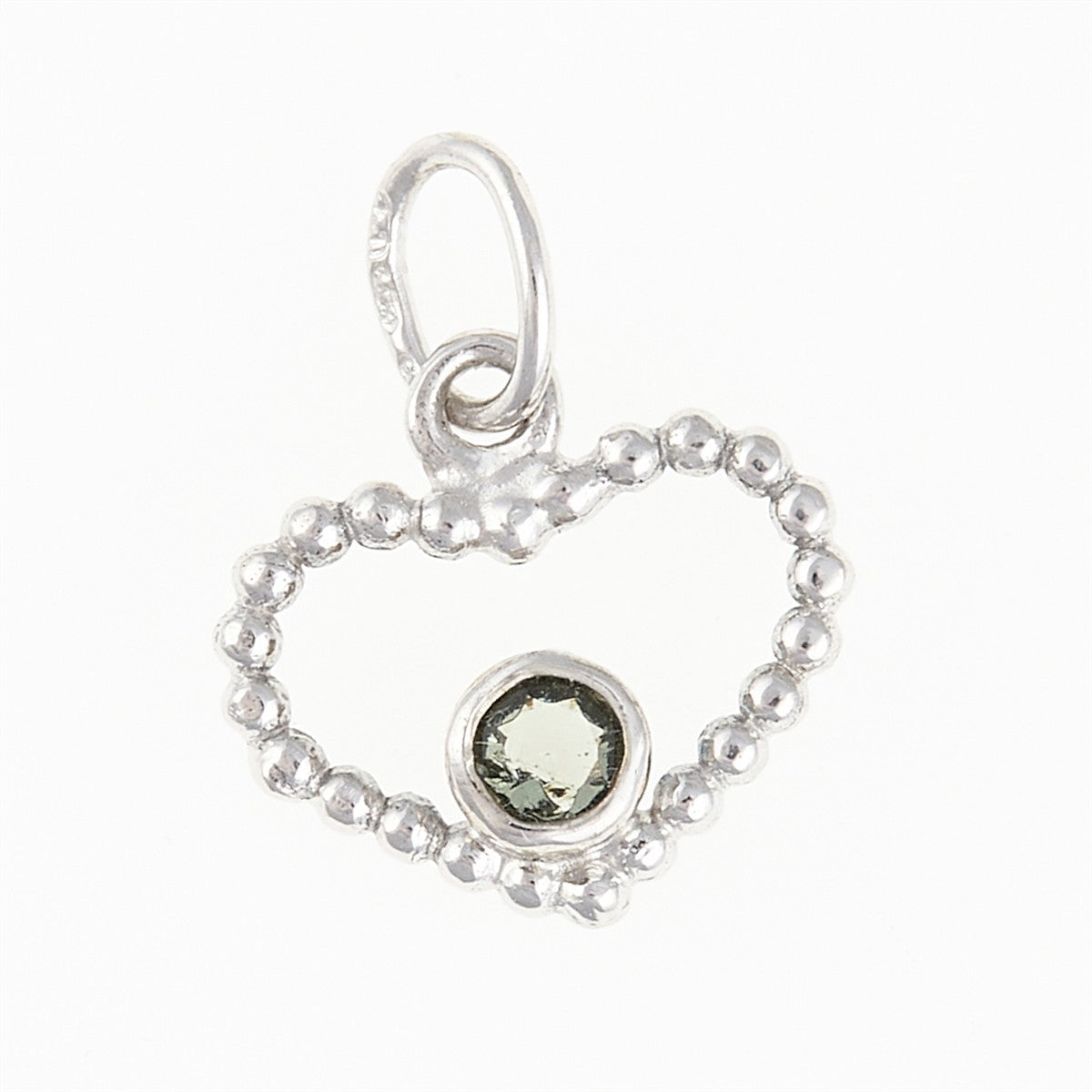 Pendente a cuore aperto in oro bianco con sferette e moldavite verde faccettata incastonata