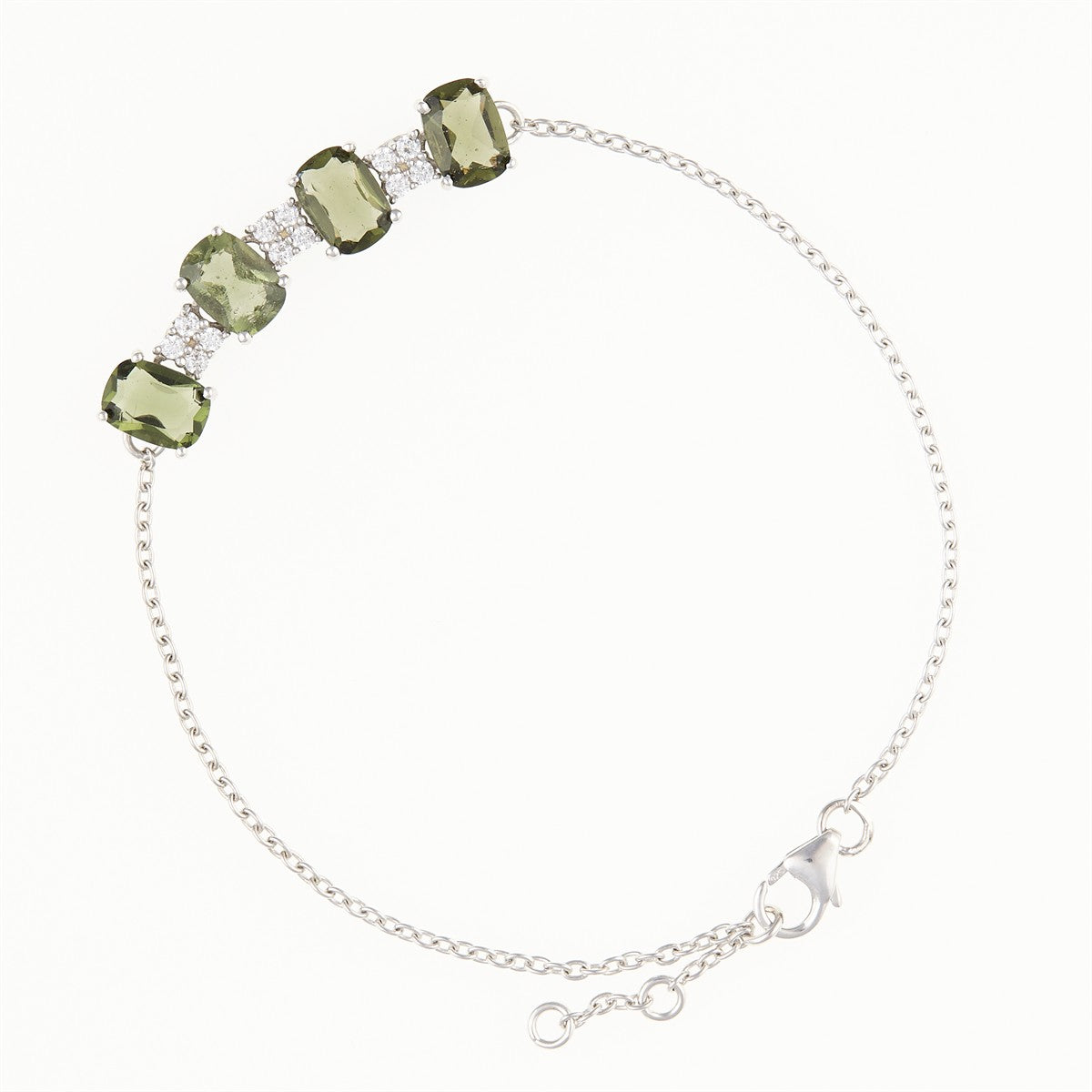 Silver bracelet with moldavites and zircons BR02