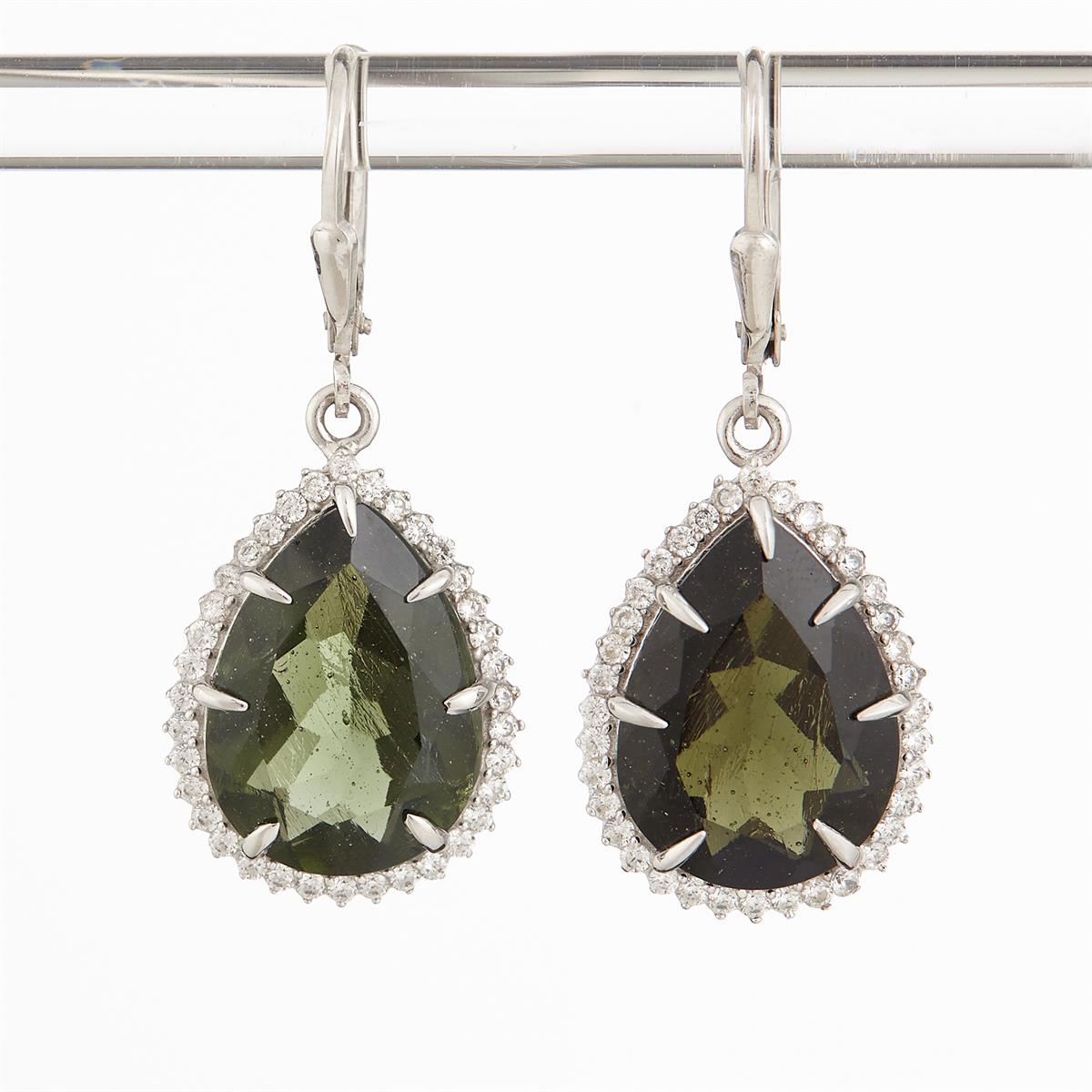 Silver earrings with moldavites and cubic zirconia ER015