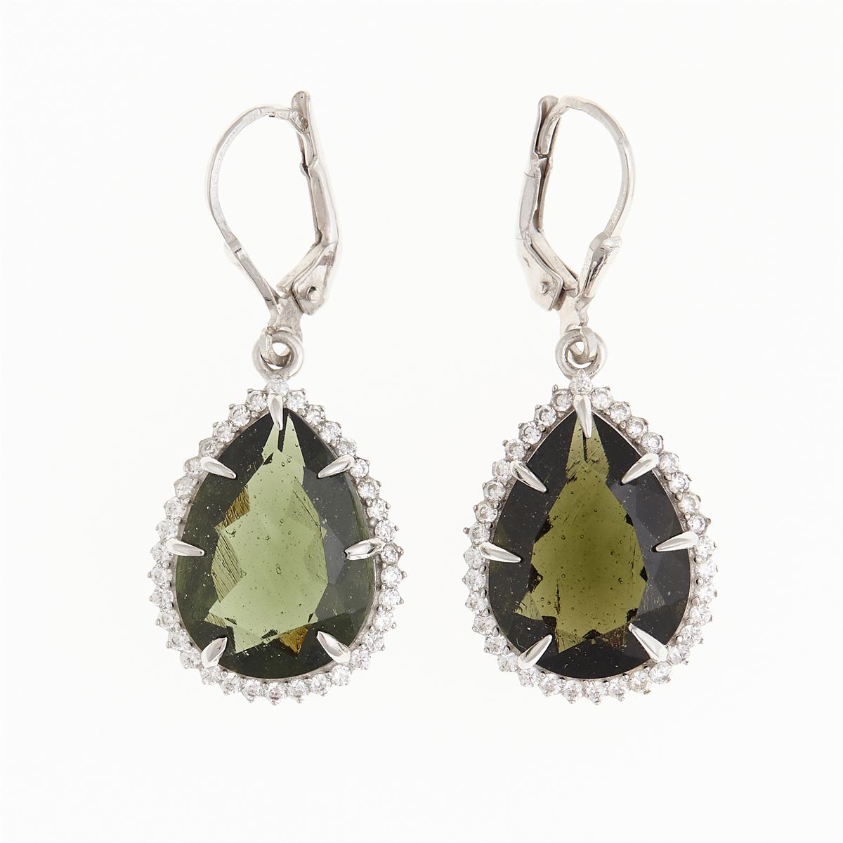 Silver earrings with moldavites and cubic zirconia ER015