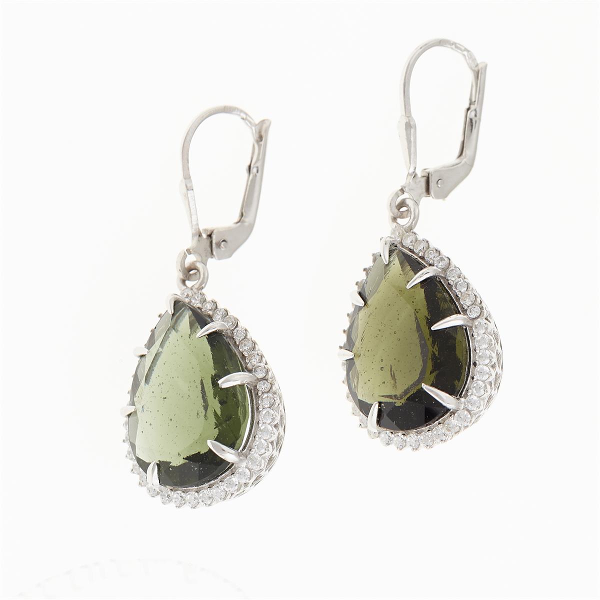 Silver earrings with moldavites and cubic zirconia ER015