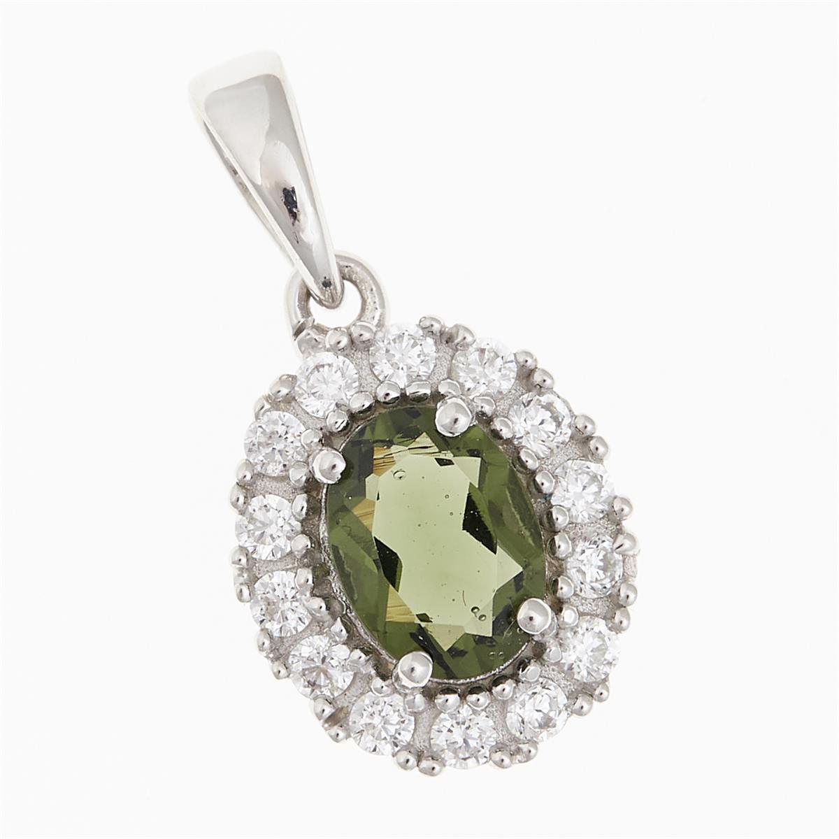 Pendente in argento rodiato con moldavite ovale faccettata verde oliva e contorno di zirconi