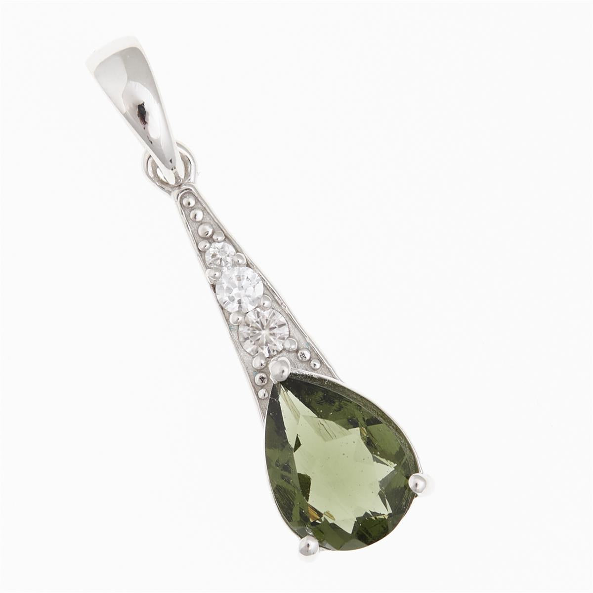 Pendente in argento rodiato con moldavite verde faccettata a goccia e tre zirconi incolori